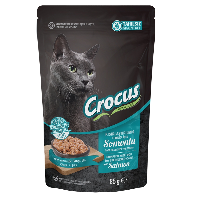 Crocus%20Tahılsız%20Kısırlaştırılmış%20Kedi%20Somonlupouch%20Jöleli%20Yaş%20Mama%2085%20G